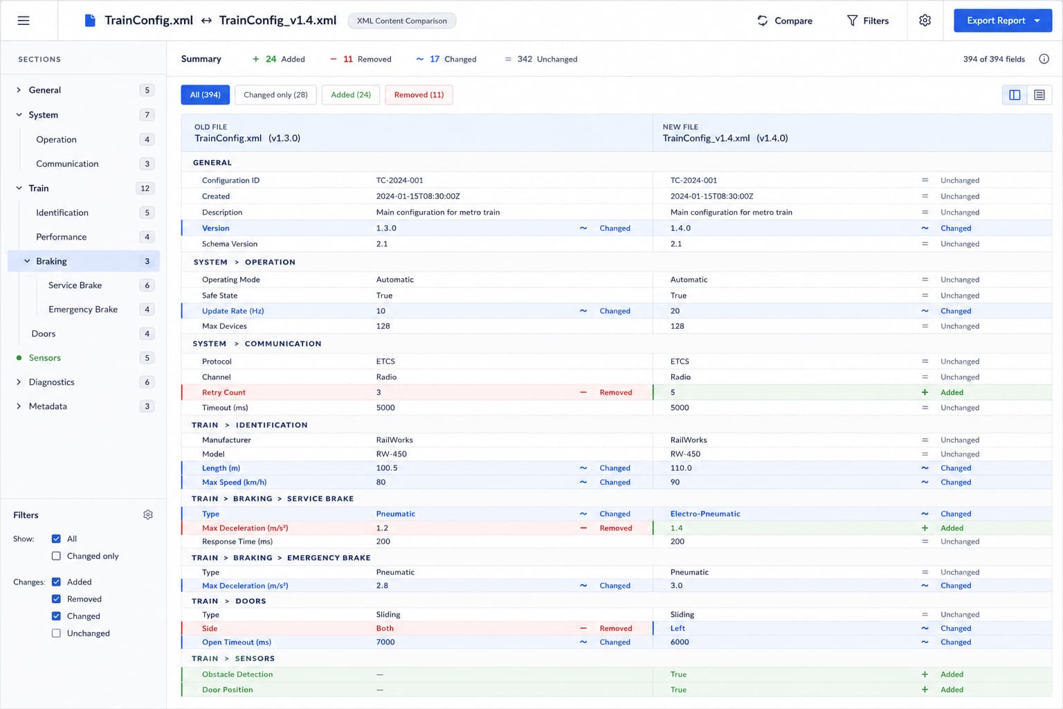 GIT-MEENA tool comparing two XML config files as readable field-value rows