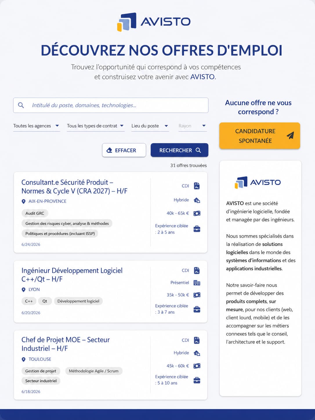 AvisTO recruitment job-search page with filters and job listing cards