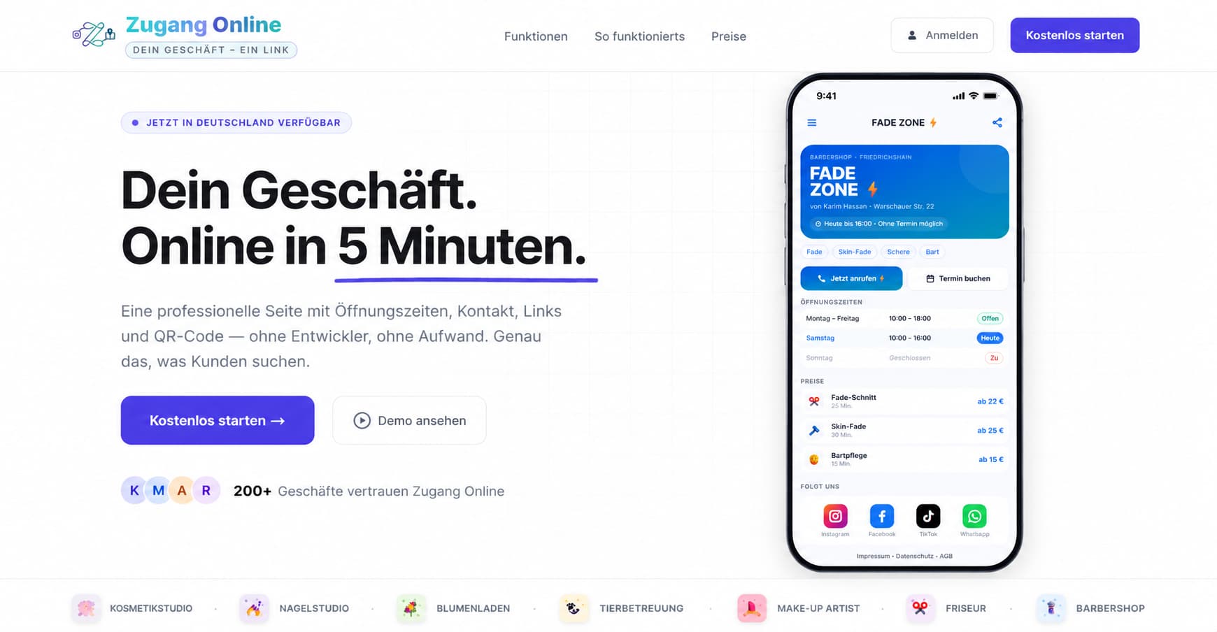 Zugang Online landing page with a mobile business-page preview